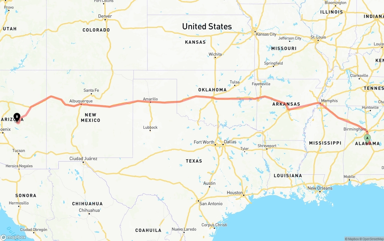 Shipping route from Alabama to Arizona
