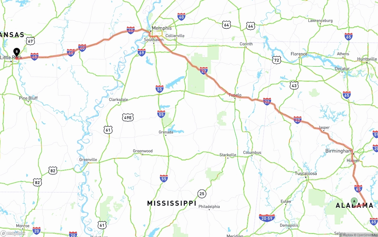 Shipping route from Alabama to Arkansas