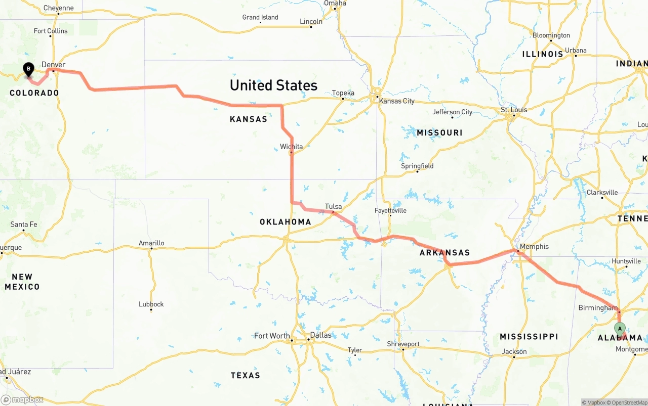Shipping route from Alabama to Colorado