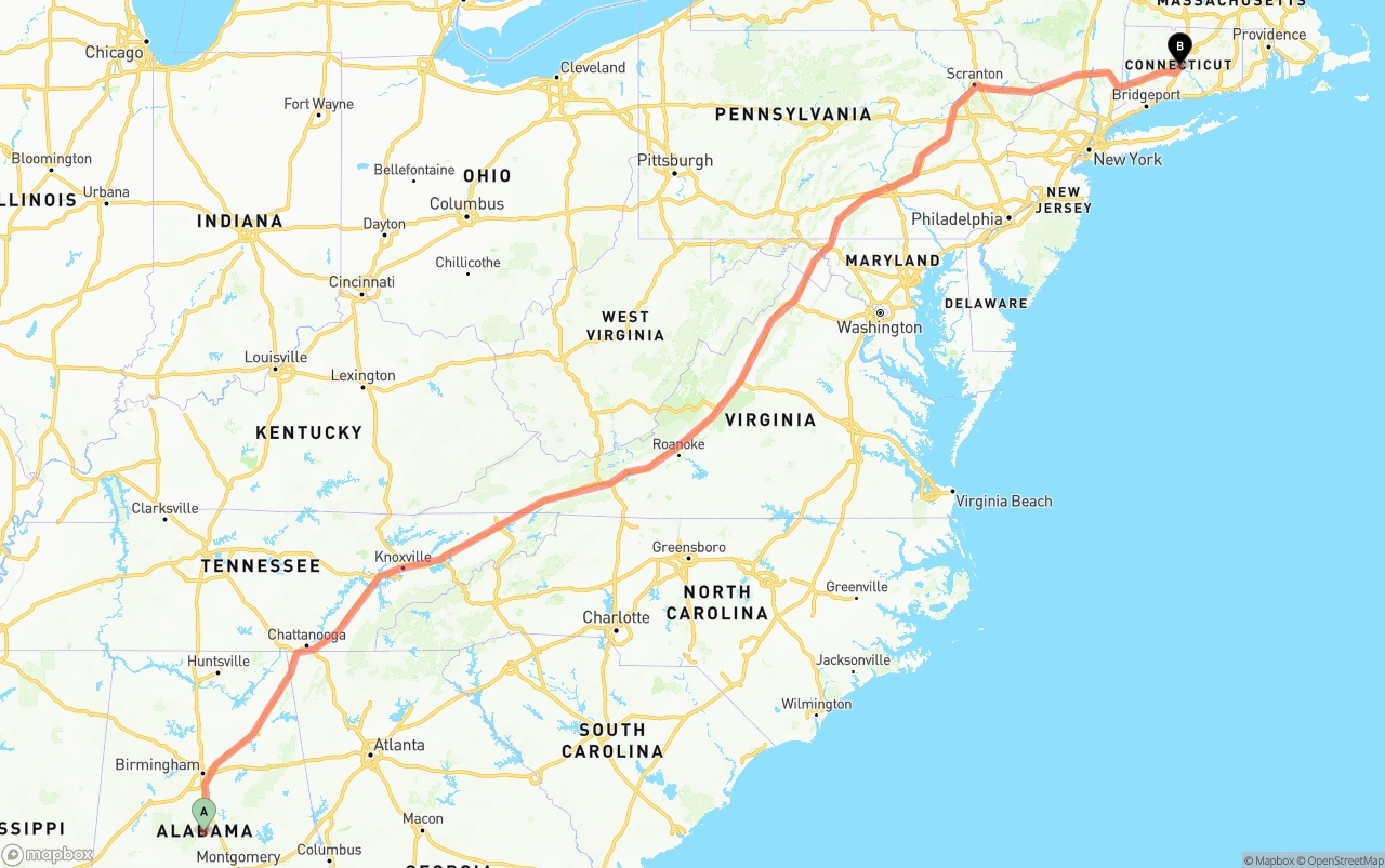 Shipping route from Alabama to Connecticut