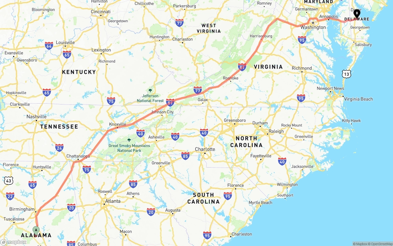 Shipping route from Alabama to Delaware