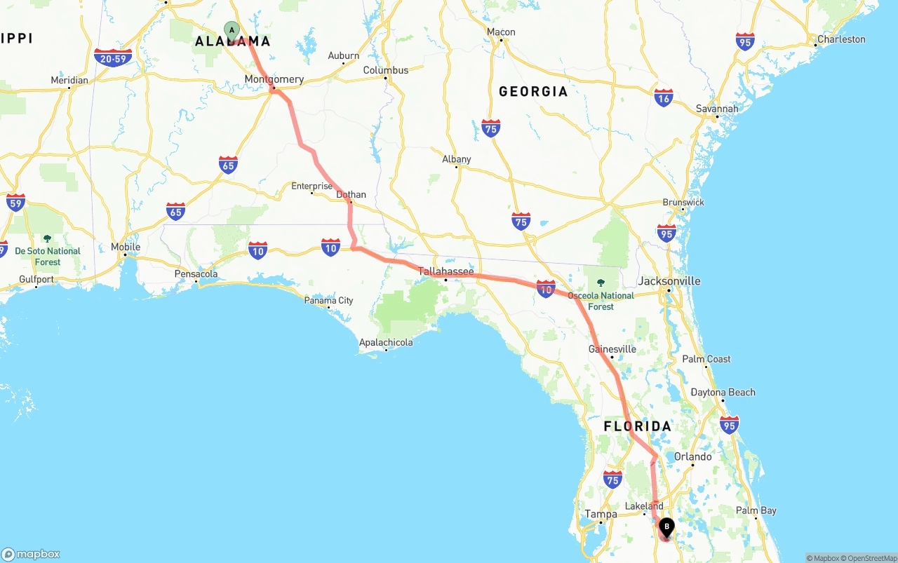 Shipping route from Alabama to Florida