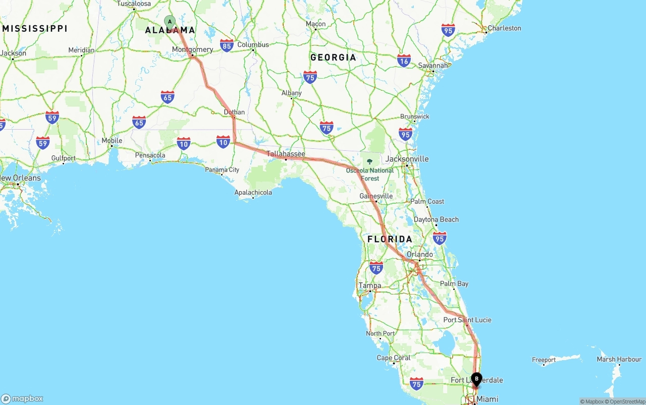 Shipping route from Alabama to Fort Lauderdale-Hollywood International Airport