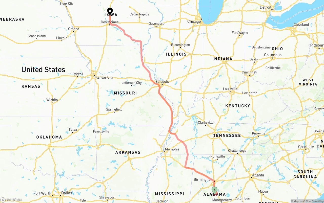 Shipping route from Alabama to Iowa