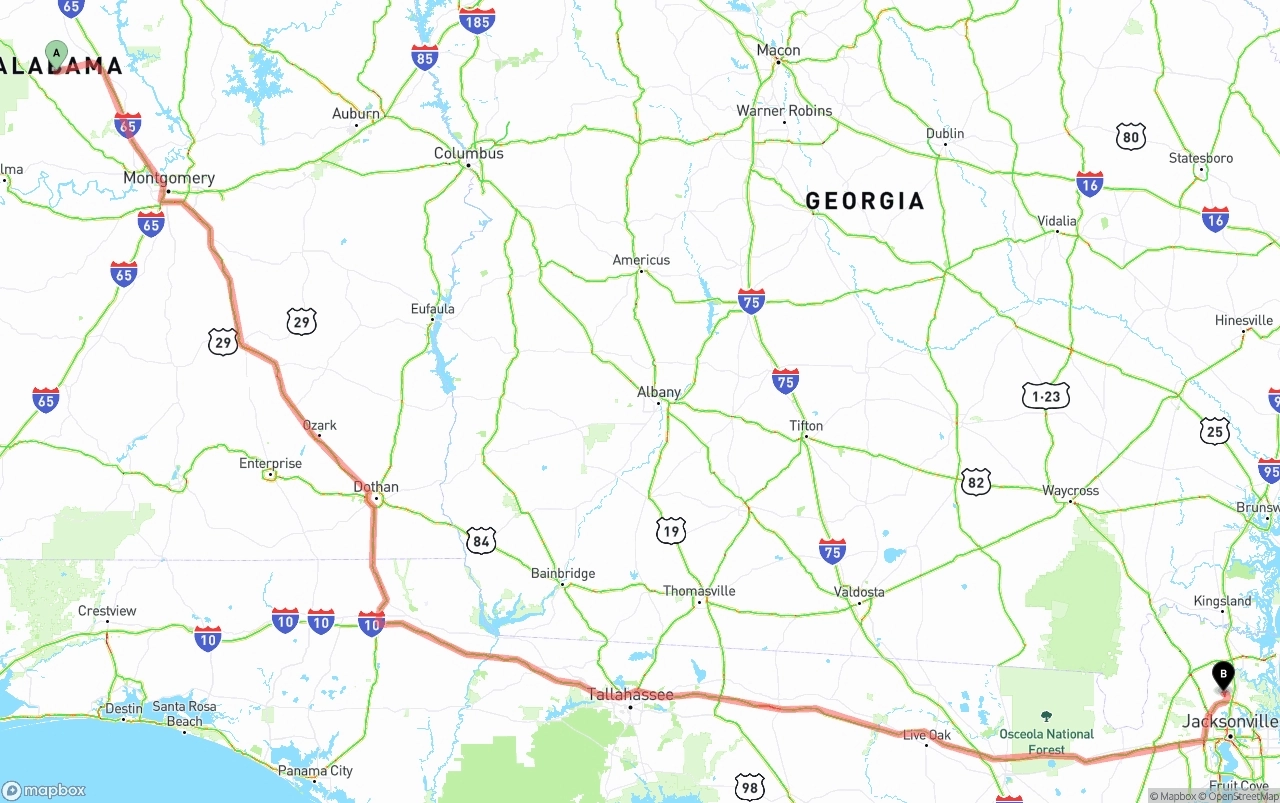 Shipping route from Alabama to Jacksonville International Airport