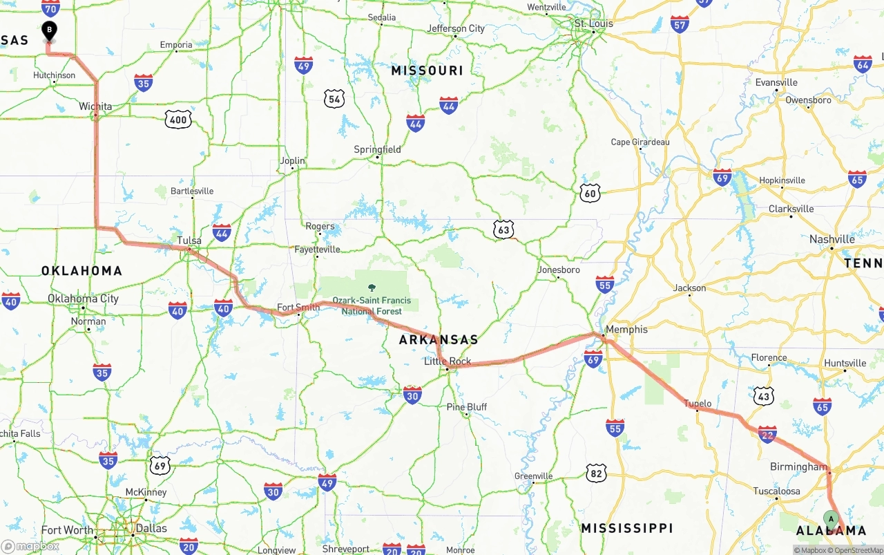 Shipping route from Alabama to Kansas