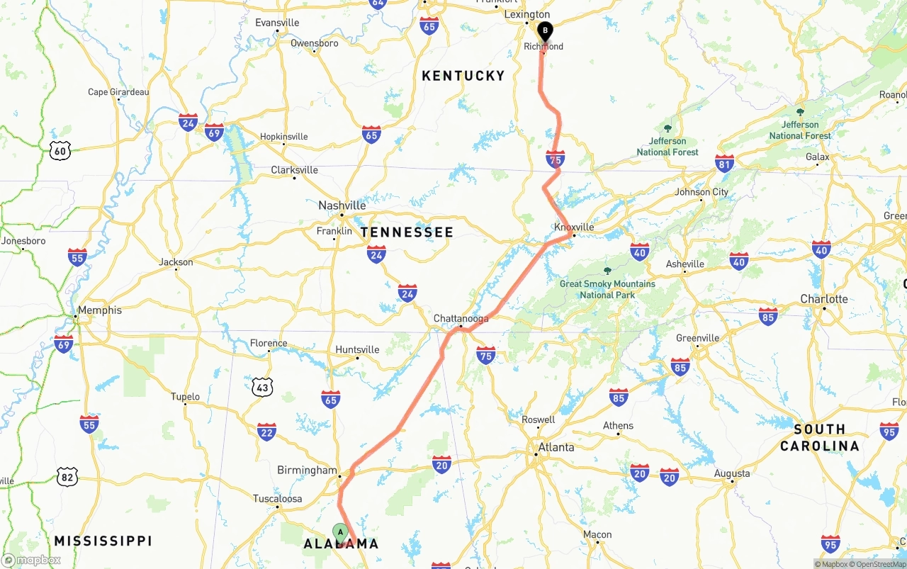 Shipping route from Alabama to Kentucky