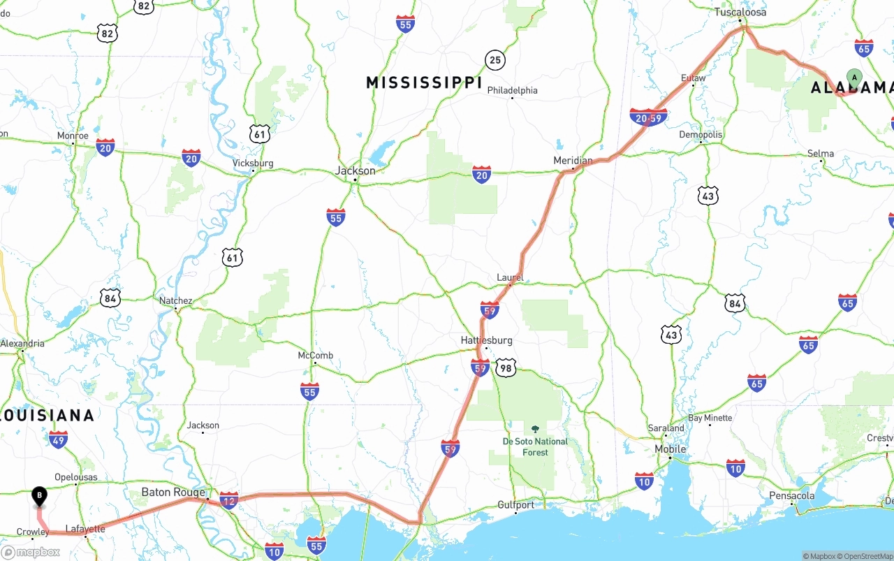 Shipping route from Alabama to Louisiana