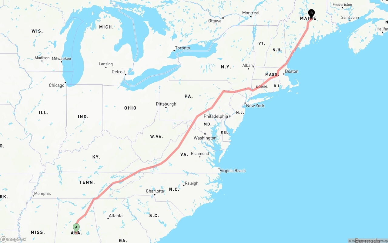 Shipping route from Alabama to Maine