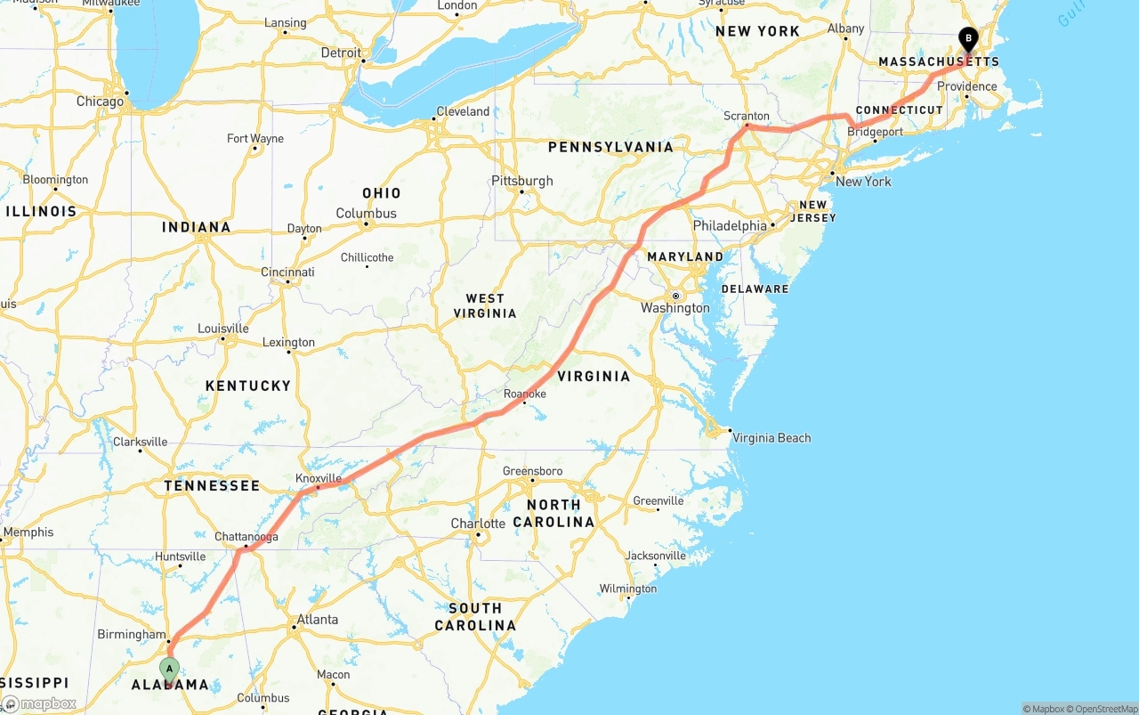 Shipping route from Alabama to Massachusetts