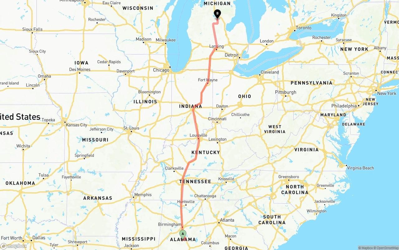 Shipping route from Alabama to Michigan