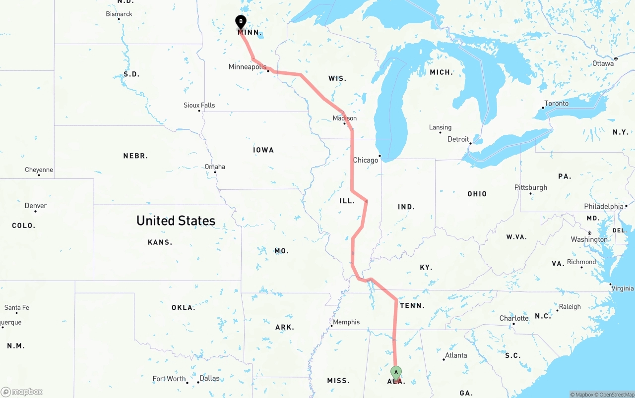 Shipping route from Alabama to Minnesota