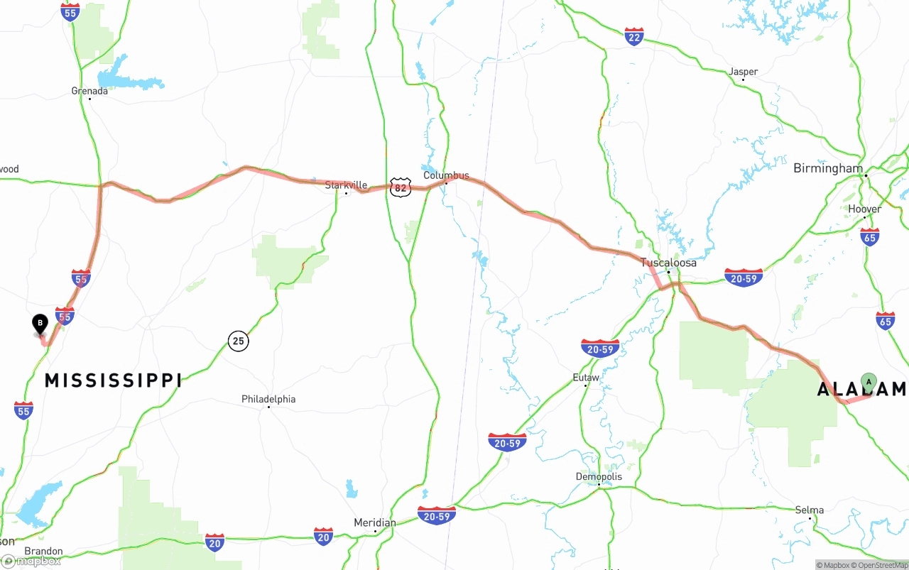 Shipping route from Alabama to Mississippi
