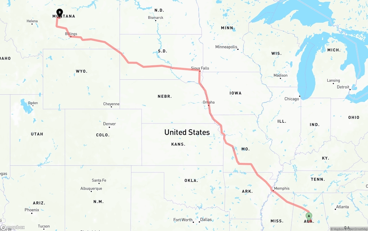 Shipping route from Alabama to Montana