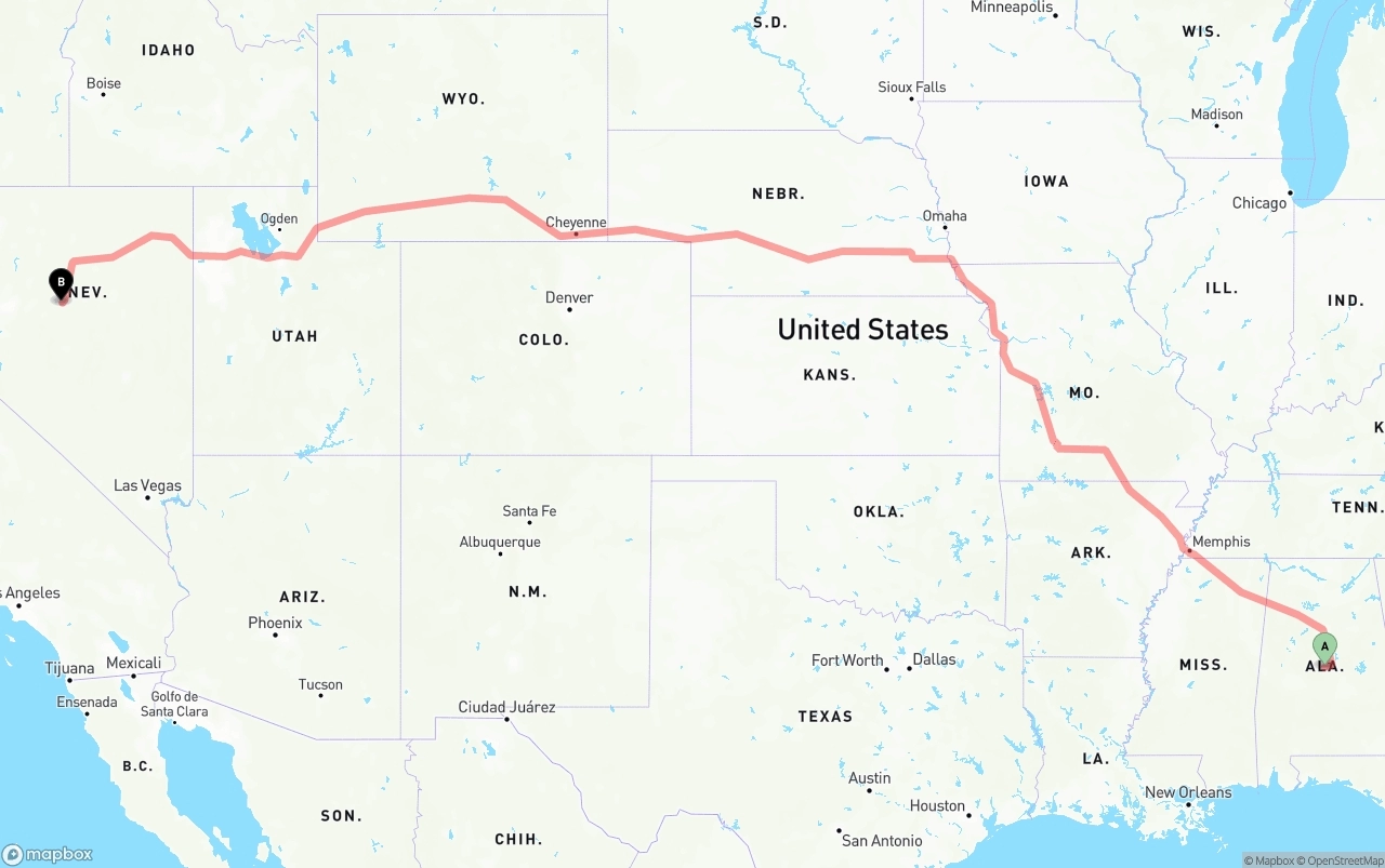 Shipping route from Alabama to Nevada