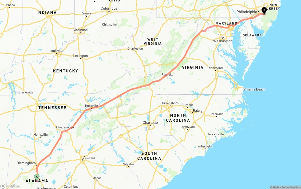 Shipping route from Alabama to New Jersey