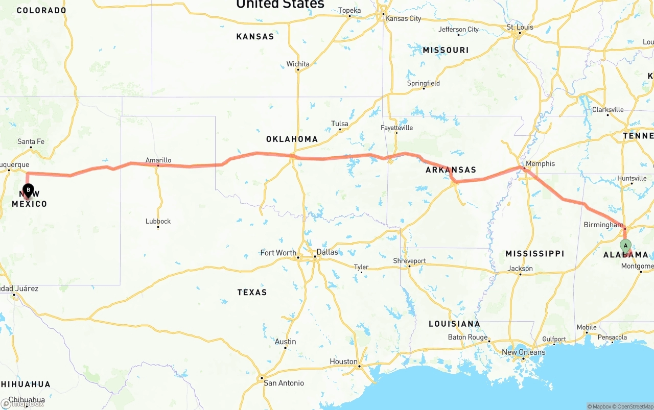 Shipping route from Alabama to New Mexico