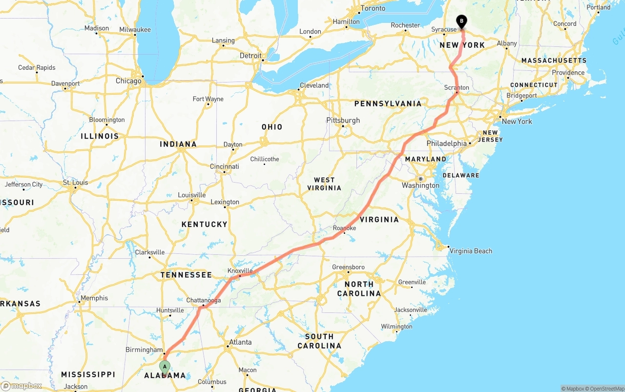 Shipping route from Alabama to New York