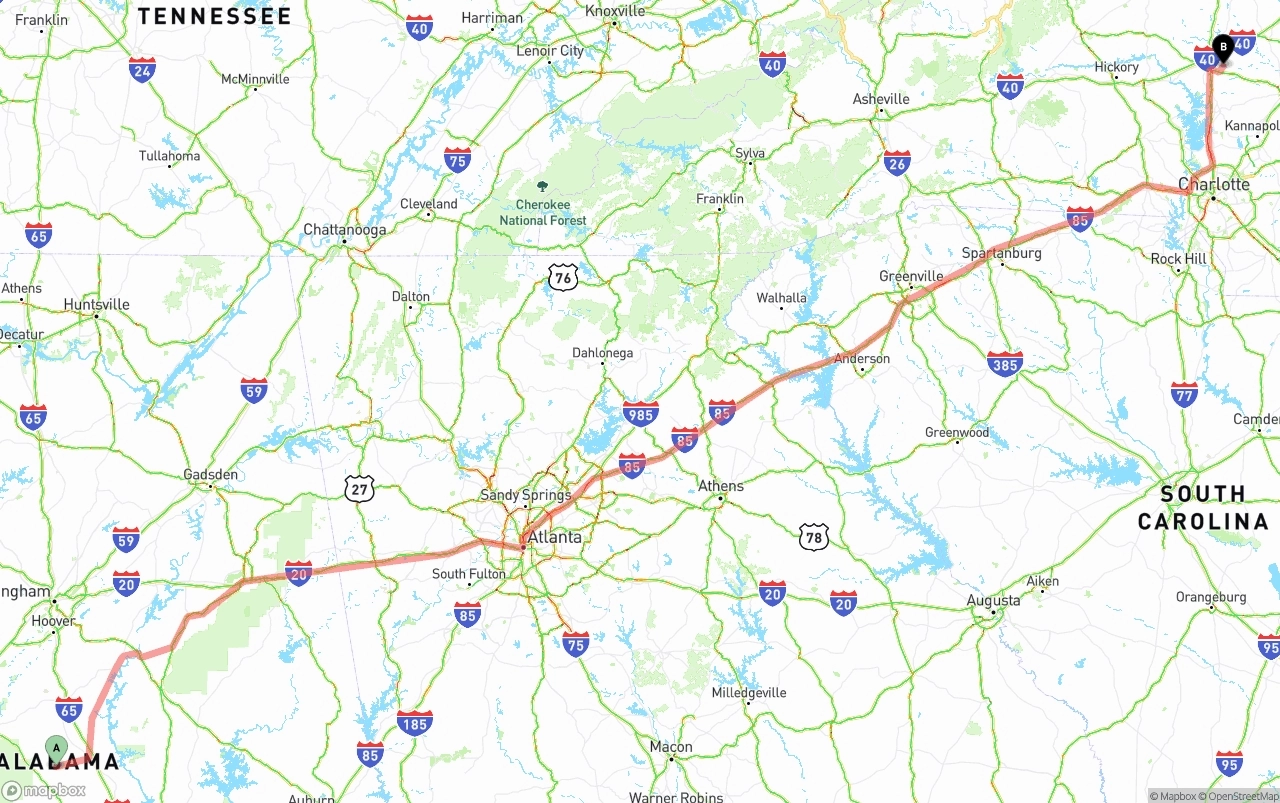 Shipping route from Alabama to North Carolina