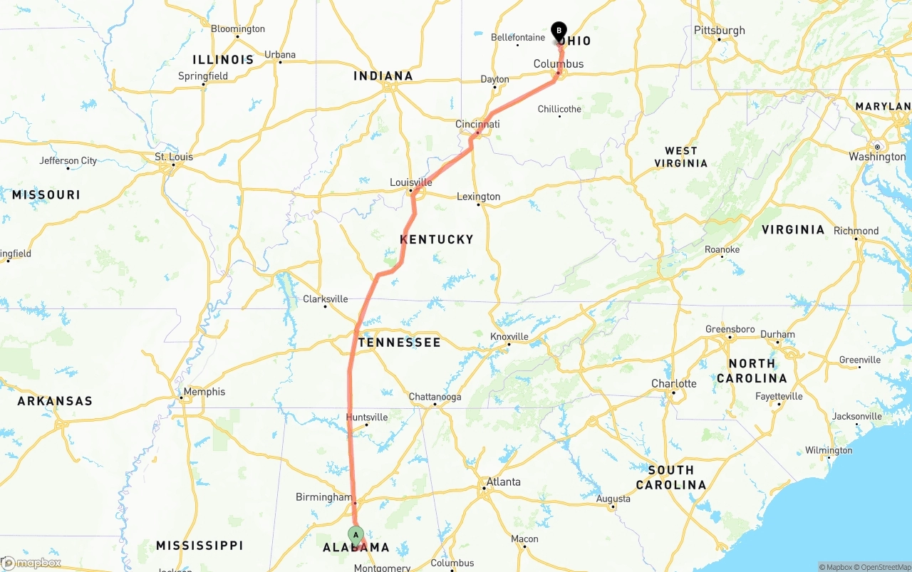Shipping route from Alabama to Ohio