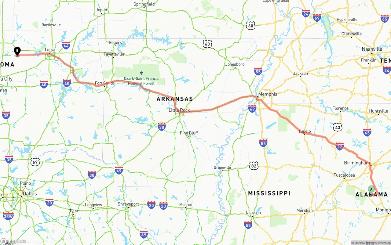 Shipping route from Alabama to Oklahoma