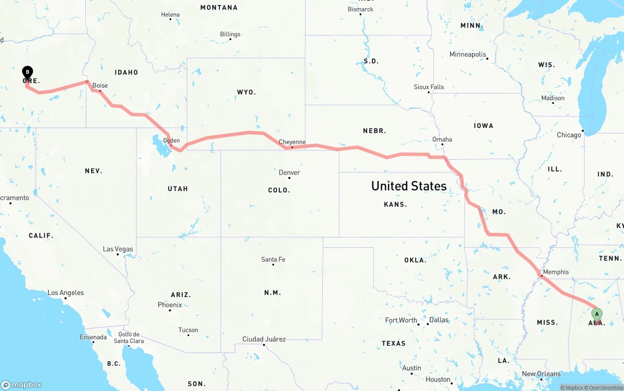 Shipping route from Alabama to Oregon
