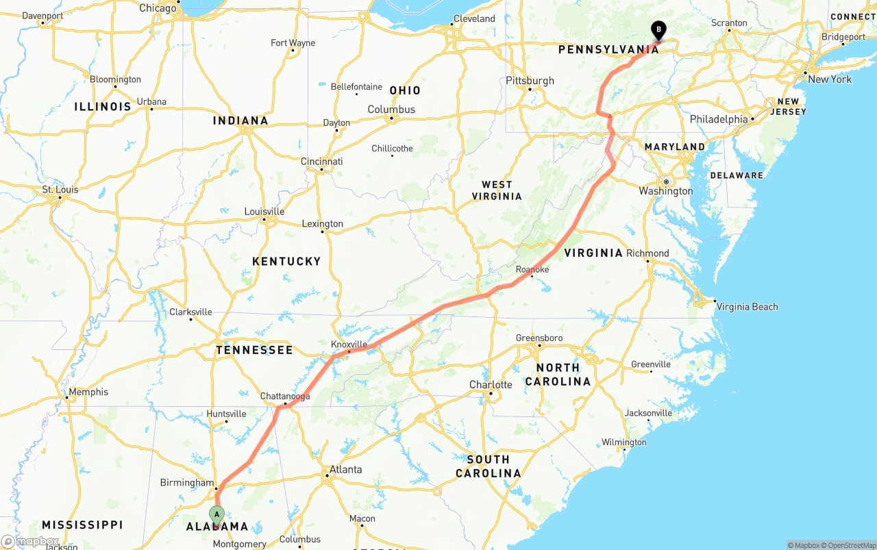 Shipping route from Alabama to Pennsylvania