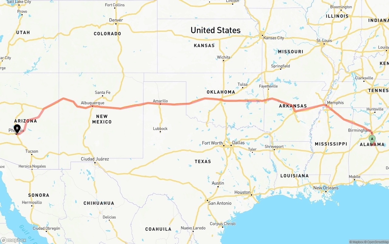 Shipping route from Alabama to Phoenix Sky Harbor International Airport