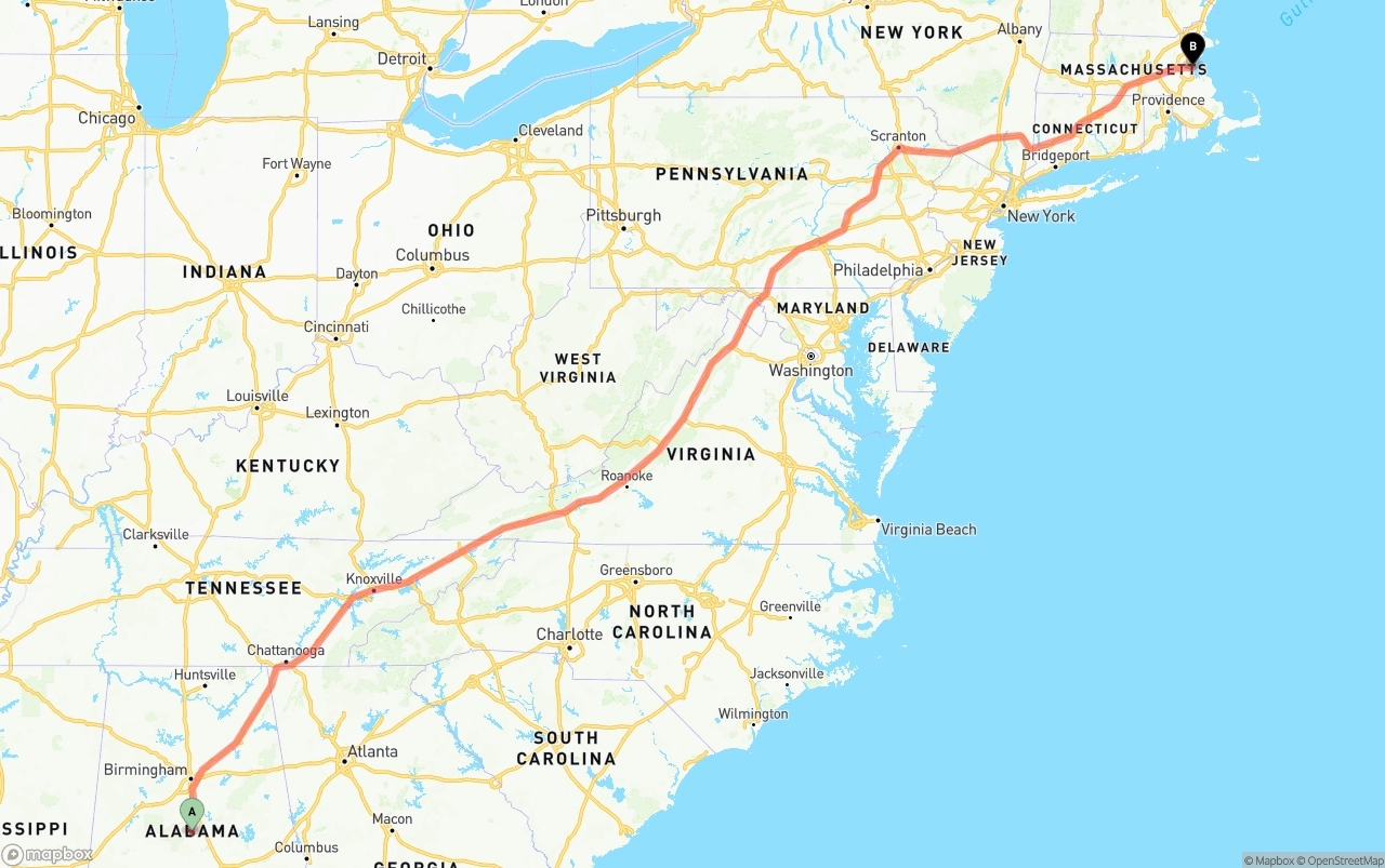 Shipping route from Alabama to Port of Boston