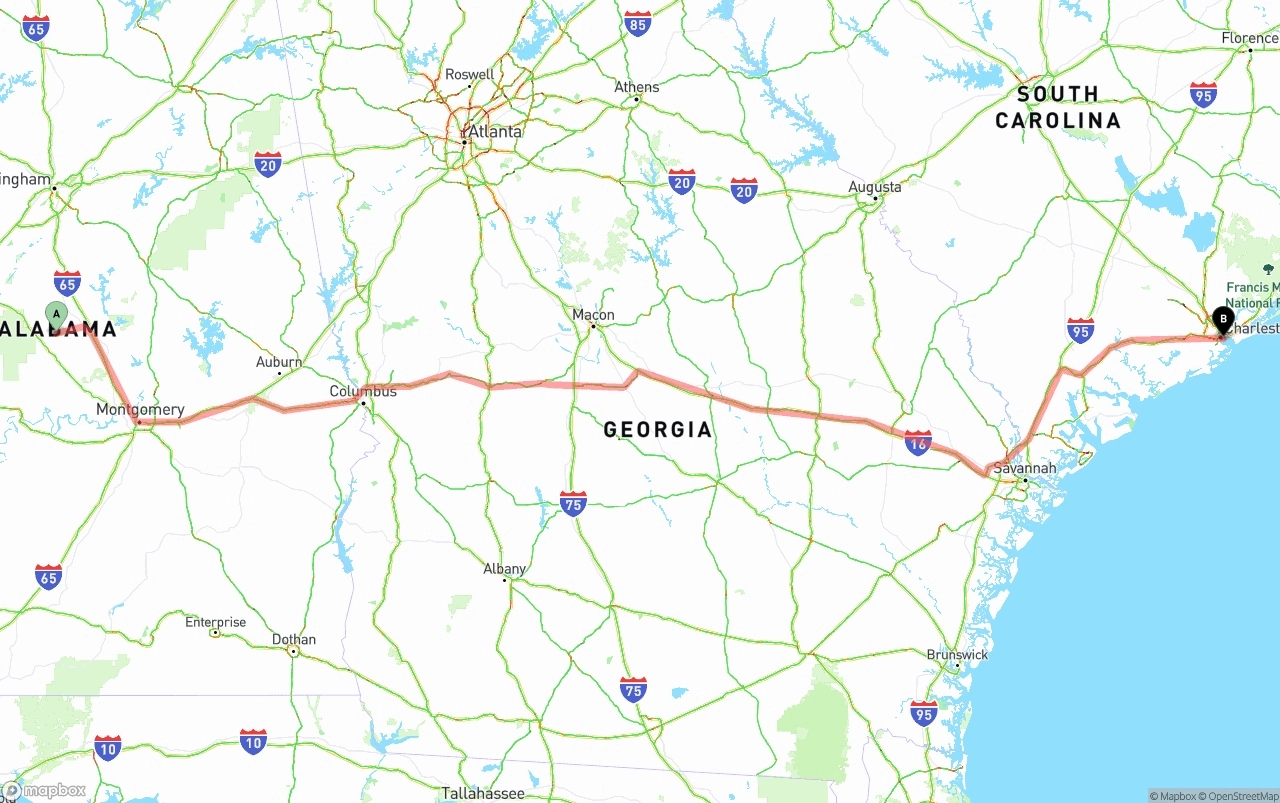 Shipping route from Alabama to Port of Charleston