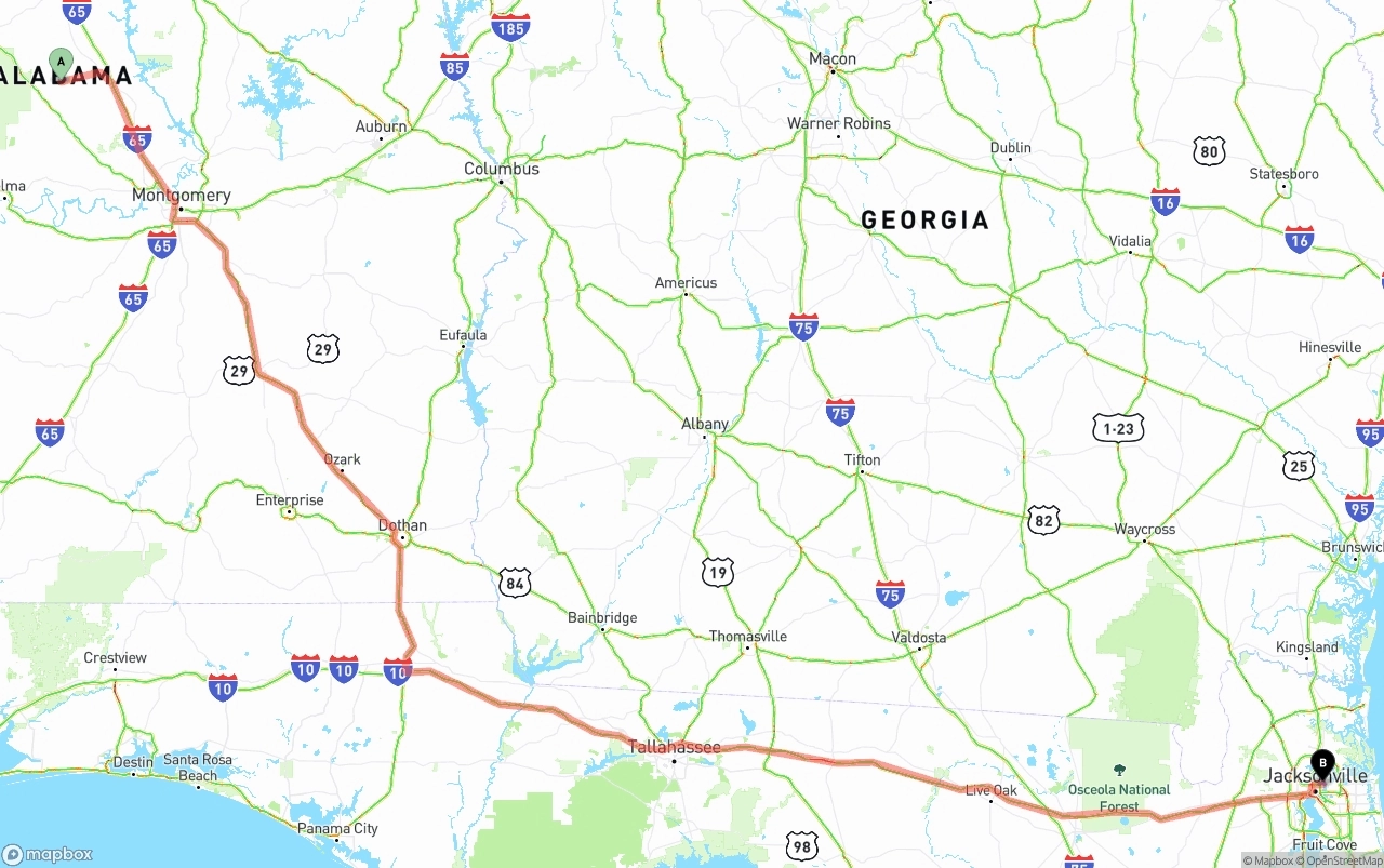 Shipping route from Alabama to Port of Jacksonville