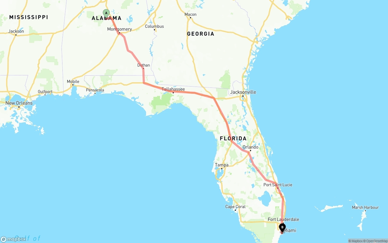 Shipping route from Alabama to Port of Miami