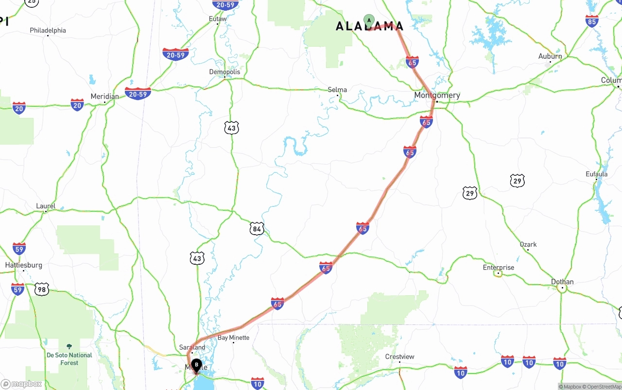 Shipping route from Alabama to Port of Mobile