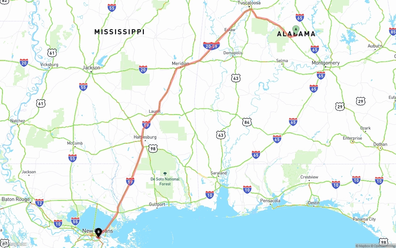 Shipping route from Alabama to Port of New Orleans