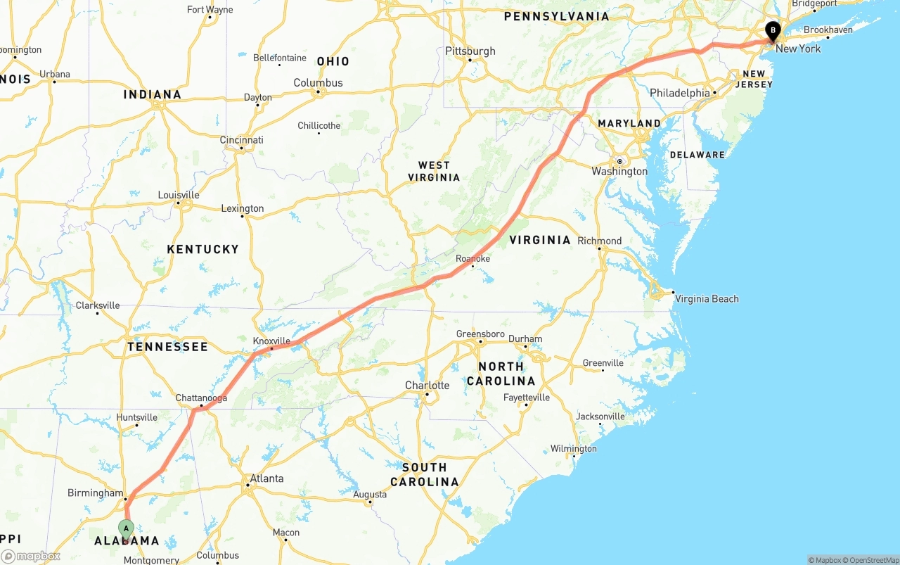 Shipping route from Alabama to Port of New York