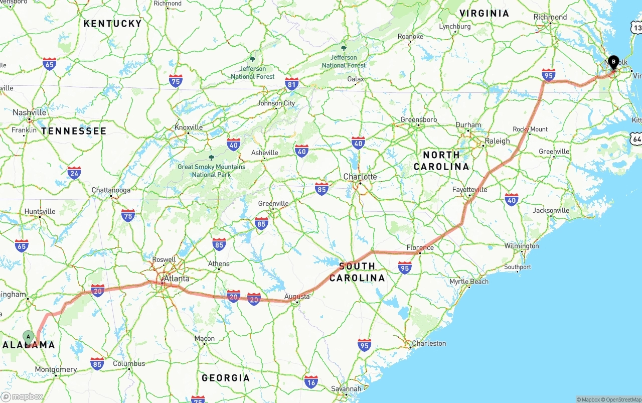 Shipping route from Alabama to Port of Norfolk