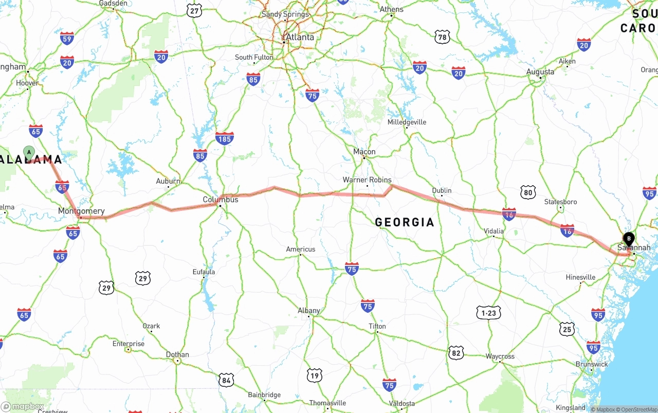 Shipping route from Alabama to Port of Savannah