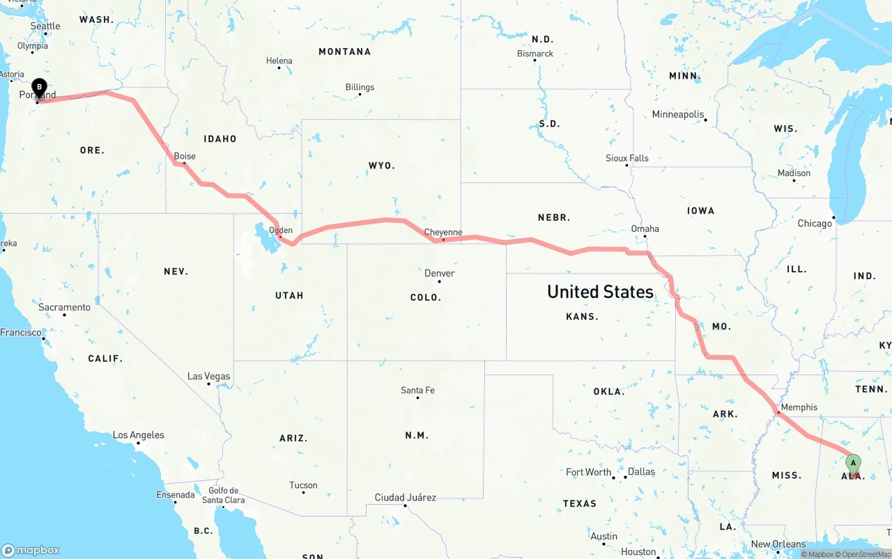 Shipping route from Alabama to Portland International Airport
