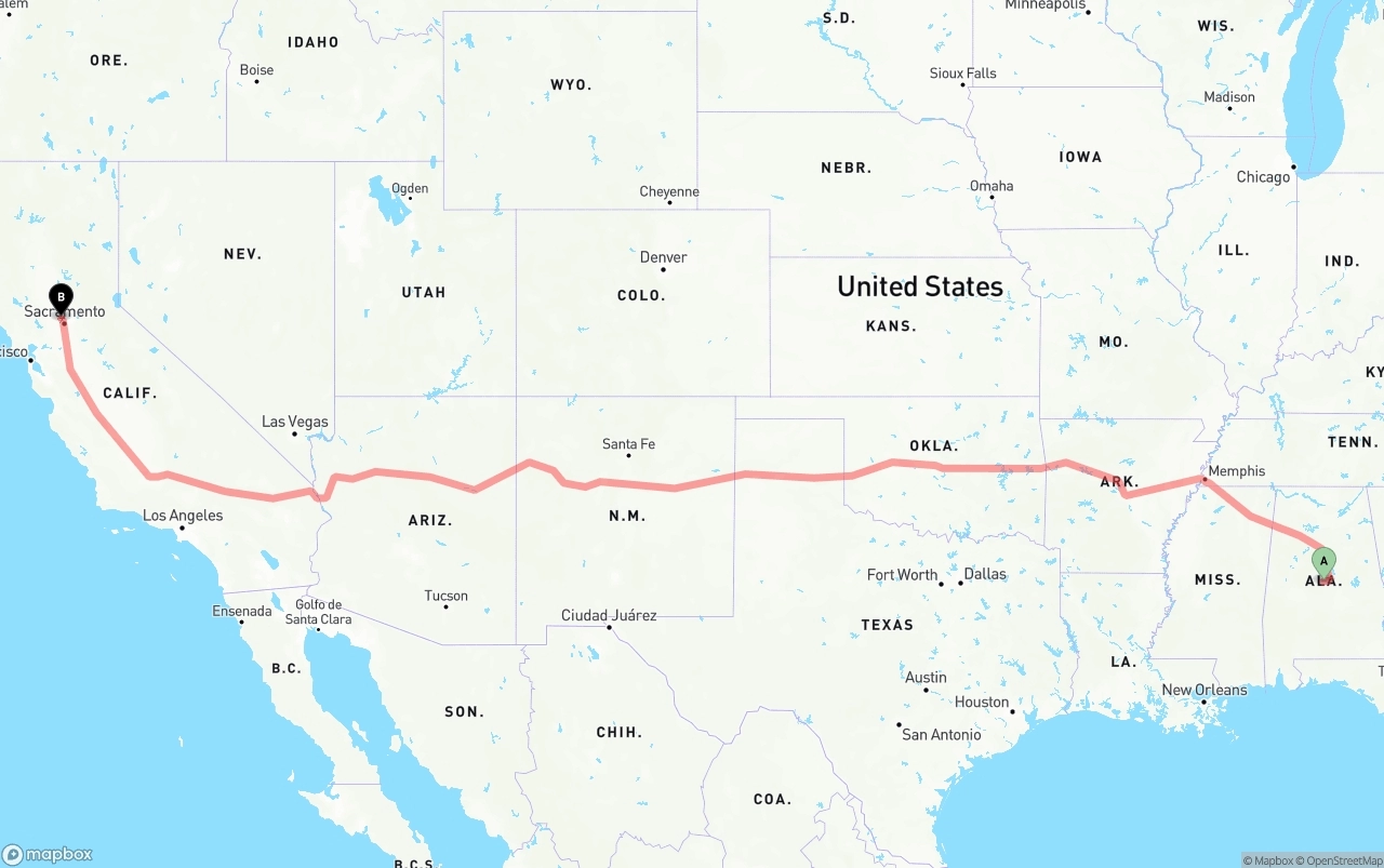 Shipping route from Alabama to Sacramento International Airport