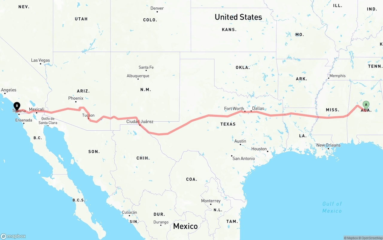 Shipping route from Alabama to San Diego International Airport