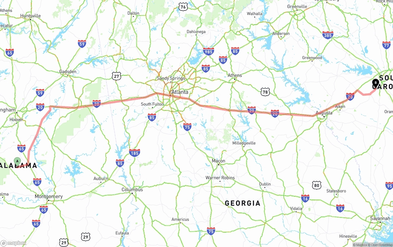 Shipping route from Alabama to South Carolina