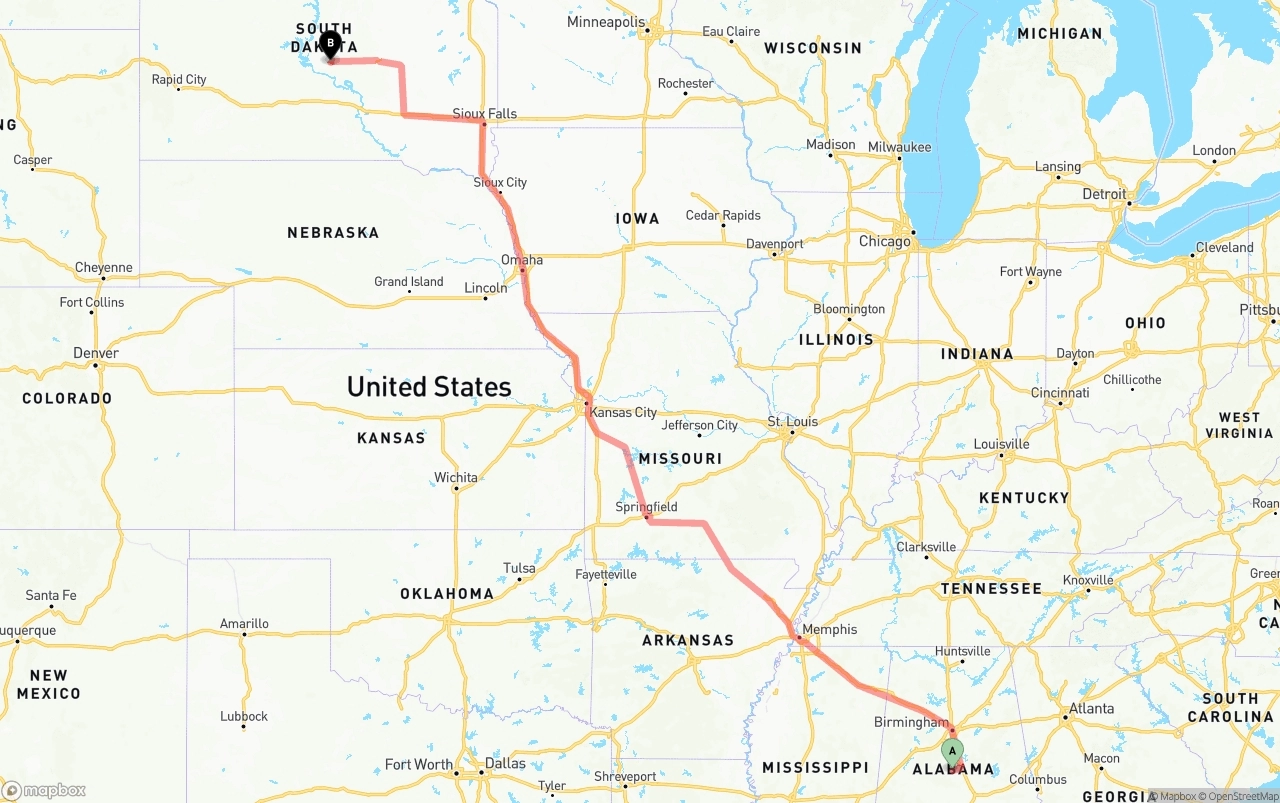Shipping route from Alabama to South Dakota