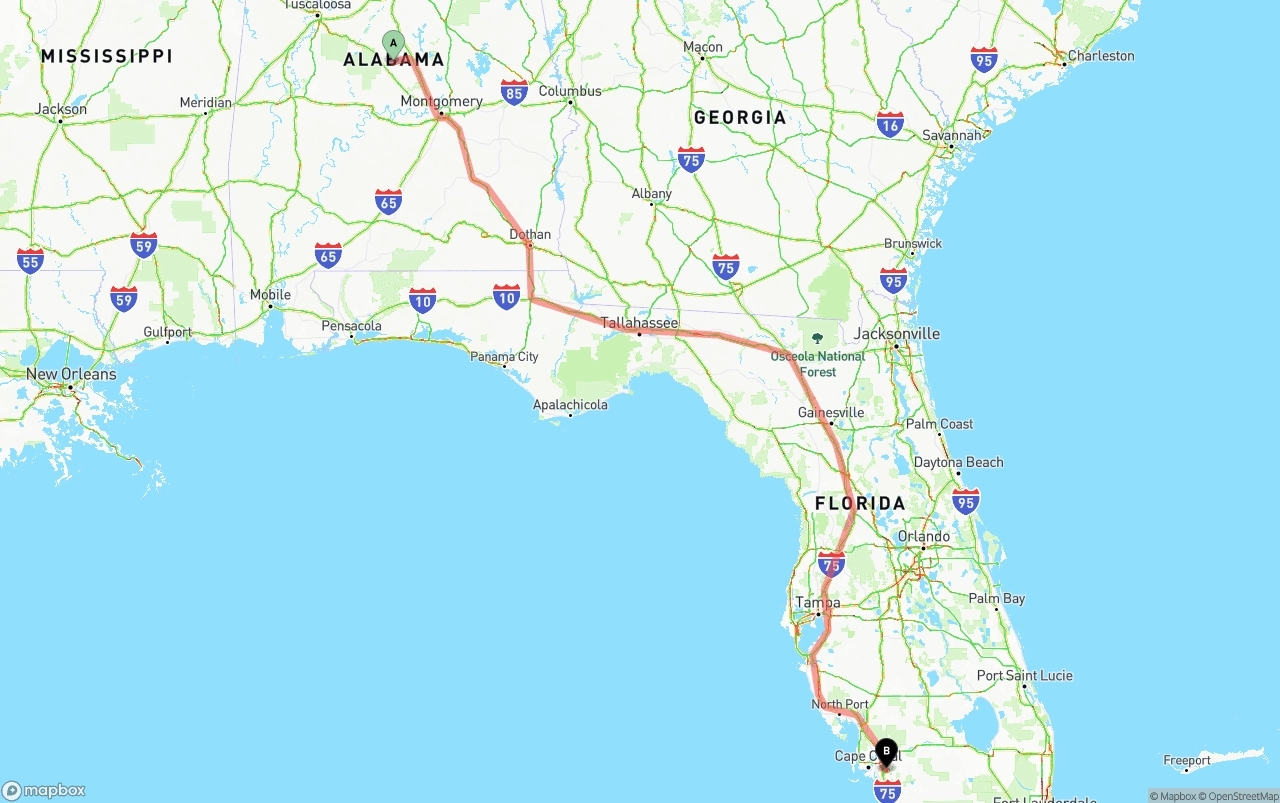 Shipping route from Alabama to Southwest Florida International Airport