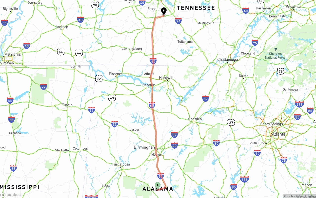 Shipping route from Alabama to Tennessee