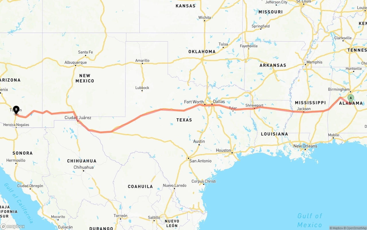 Shipping route from Alabama to Tucson International Airport