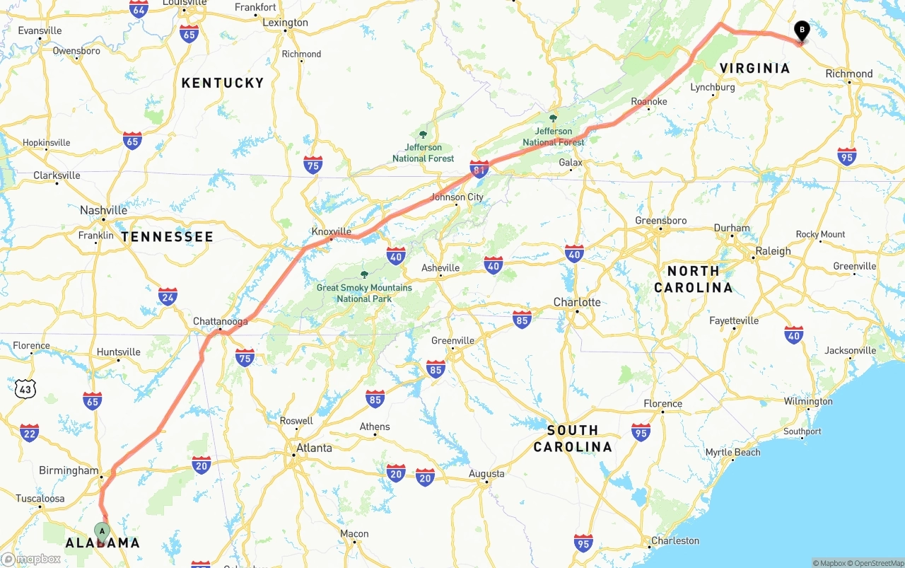 Shipping route from Alabama to Virginia