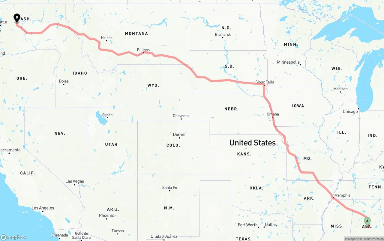 Shipping route from Alabama to Washington