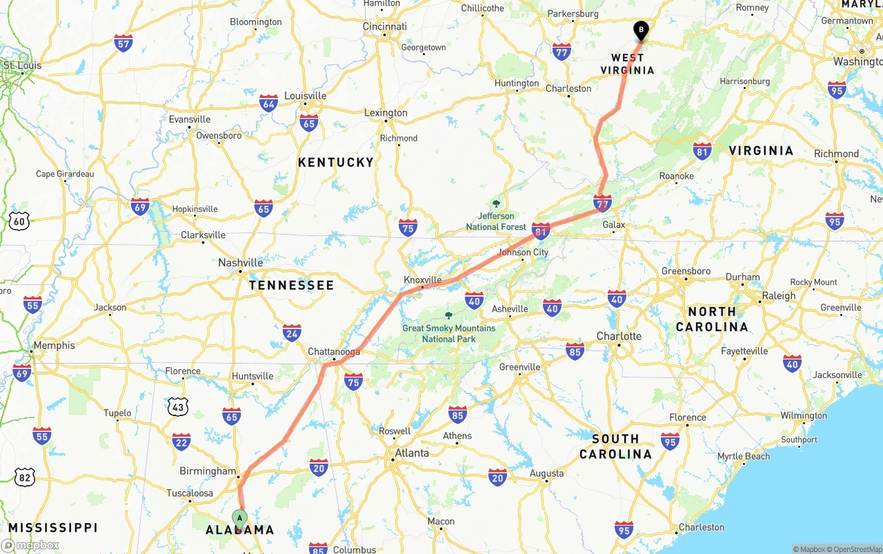 Shipping route from Alabama to West Virginia