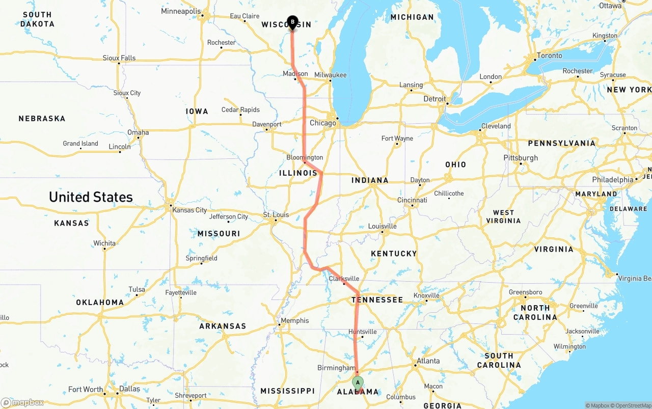 Shipping route from Alabama to Wisconsin