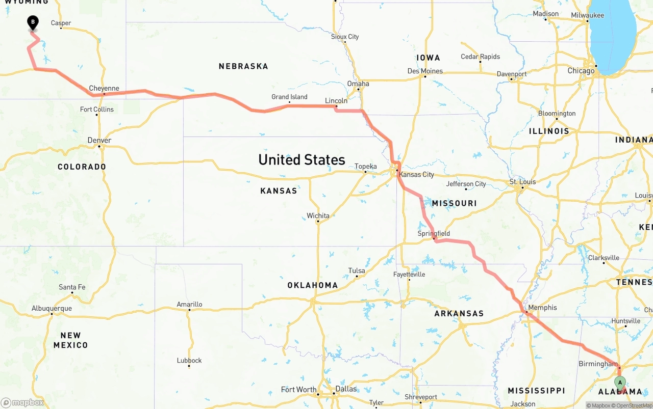 Shipping route from Alabama to Wyoming